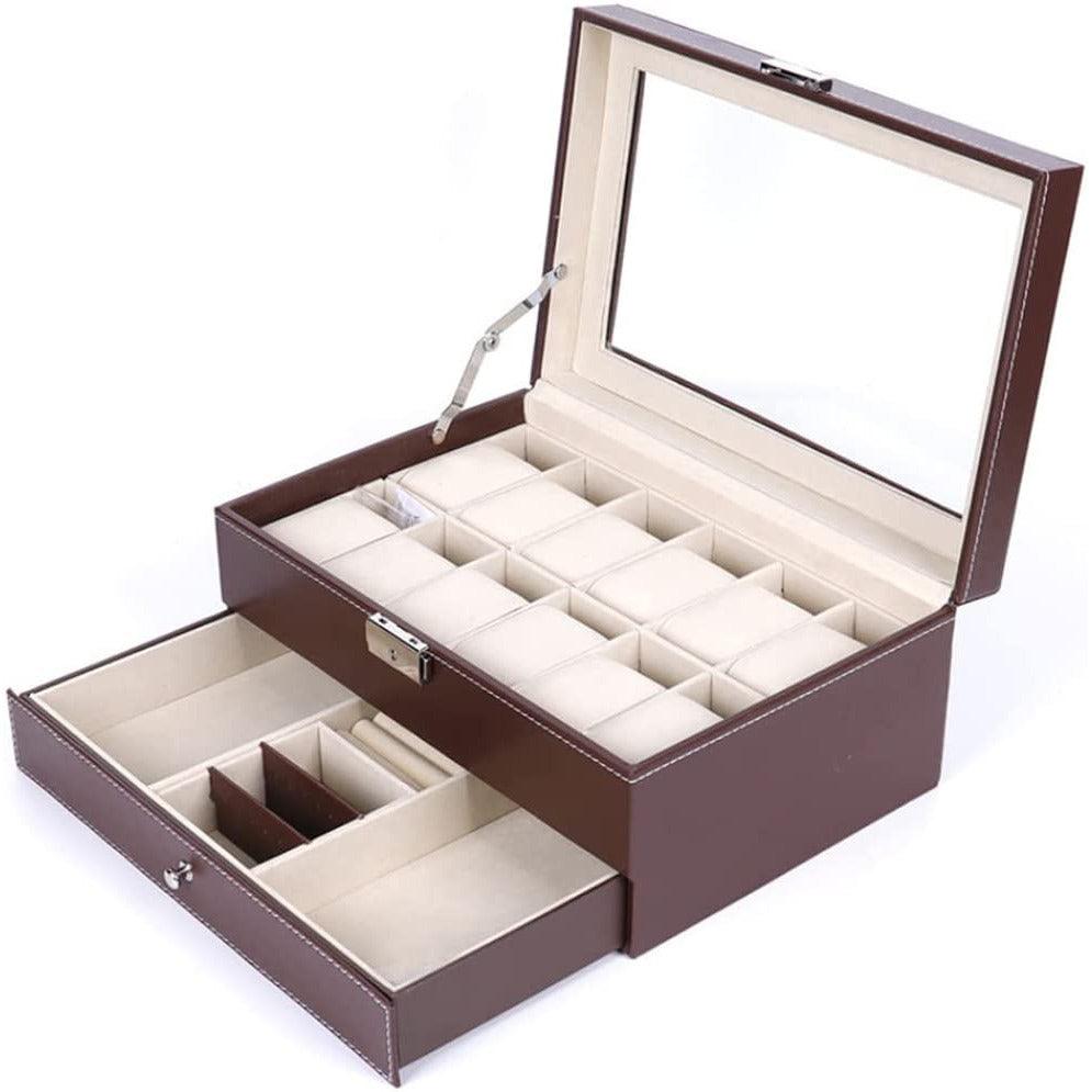 Haundry 12 Slot PU Leather Lockable Watch Storage Boxes Men