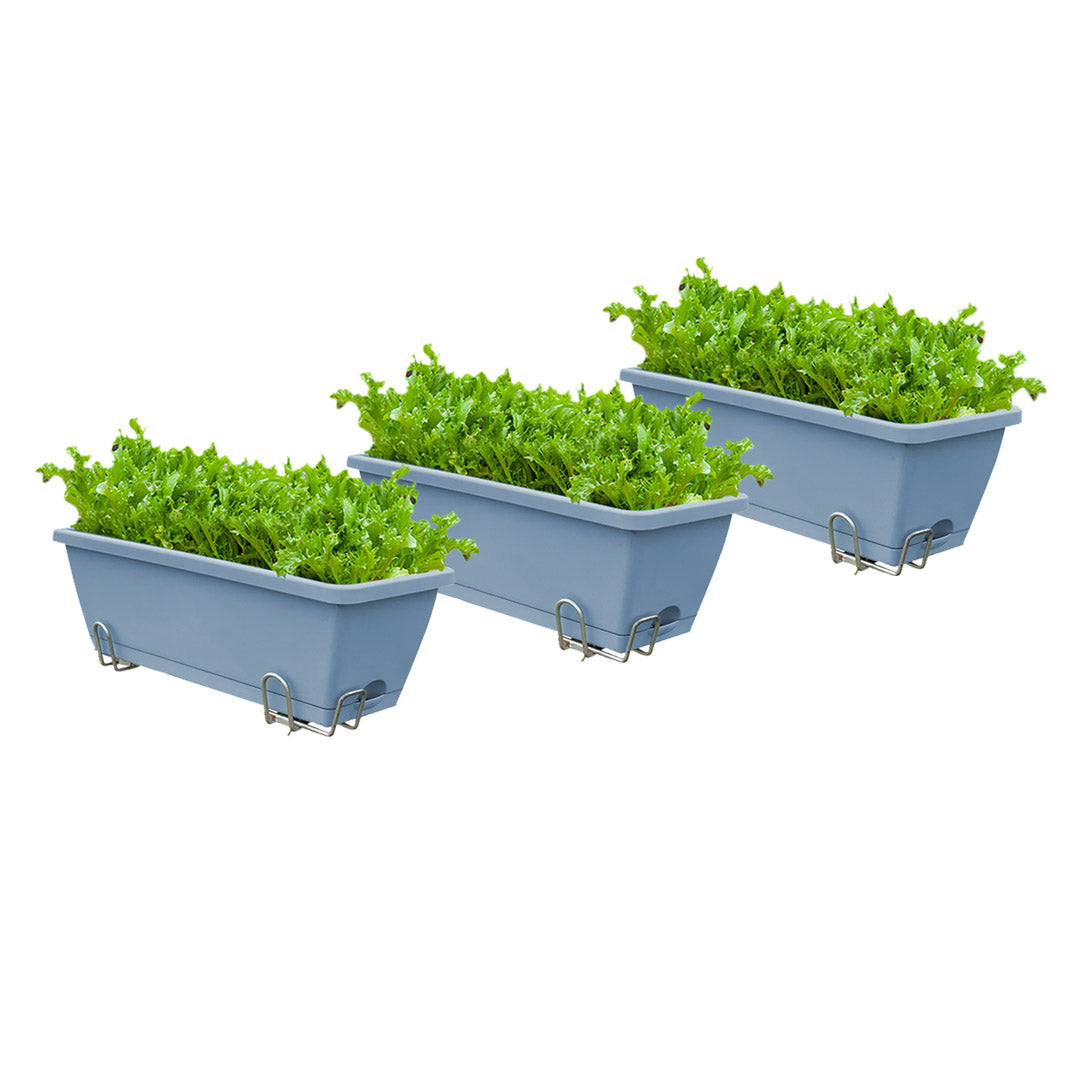 SOGA 49.5cm Blue Rectangular Planter Vegetable Herb Flower Outdoor Plastic Box with Holder Balcony Garden Decor Set of 3