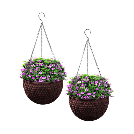 SOGA 2X Coffee Small Hanging Resin Flower Pot Self Watering Basket Planter Outdoor Garden Decor