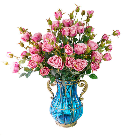 SOGA Blue Colored Glass Flower Vase with 10 Bunch 6 Heads Artificial Fake Silk Rose Home Decor Set