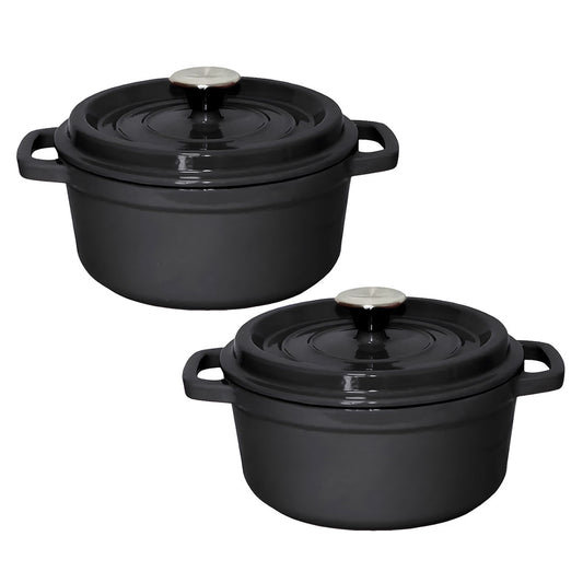 SOGA 2X Cast Iron 24cm Stewpot Casserole Stew Cooking Pot With Lid Black