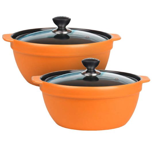 2X 3.5L Ceramic Casserole Stew Cooking Pot with Glass Lid Orange