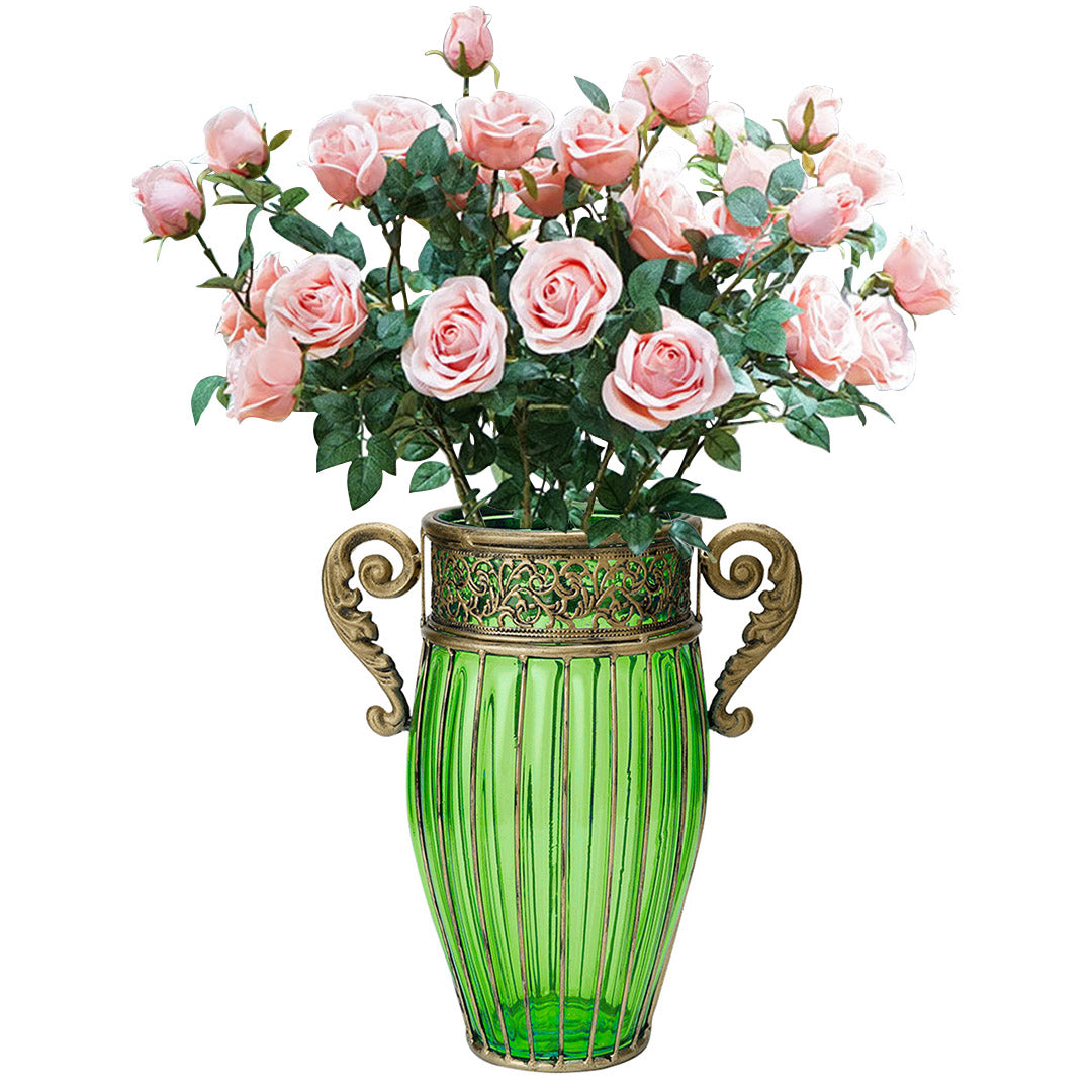 SOGA Green Glass Flower Vase with 8 Bunch 5 Heads Artificial Fake Silk Rose Home Decor Set