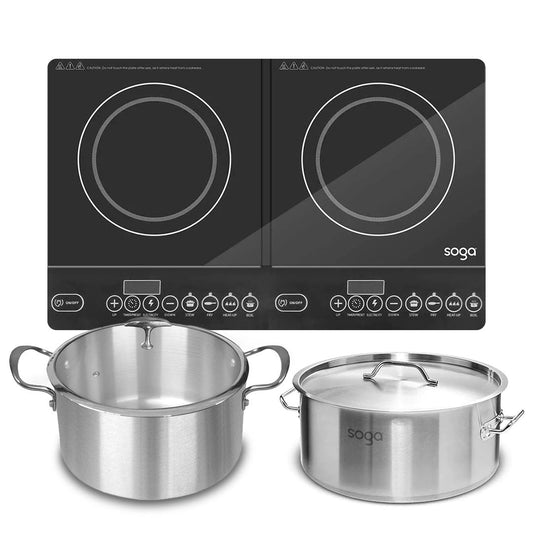 SOGA Dual Burners Cooktop Stove 14L Stainless Steel Stockpot and 28cm Induction Casserole