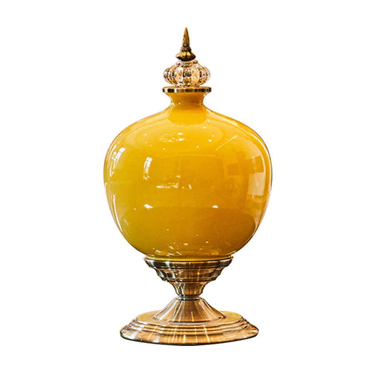 SOGA 38.50cm Ceramic Oval Flower Vase with Gold Metal Base Yellow