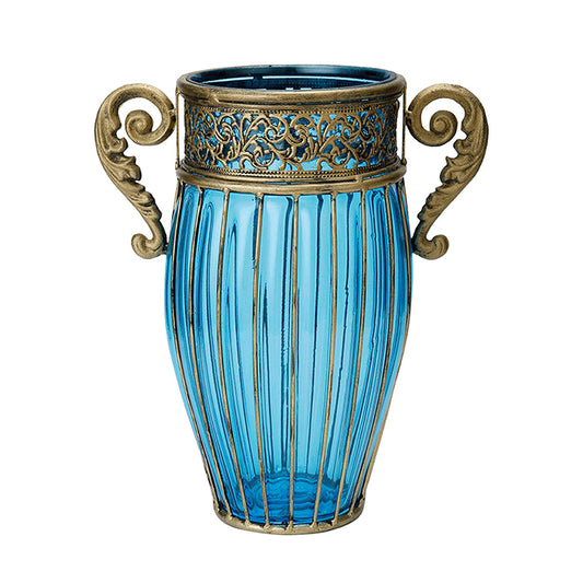 SOGA Blue European Colored Glass Home Decor Jar Flower Vase with Two Metal Handle