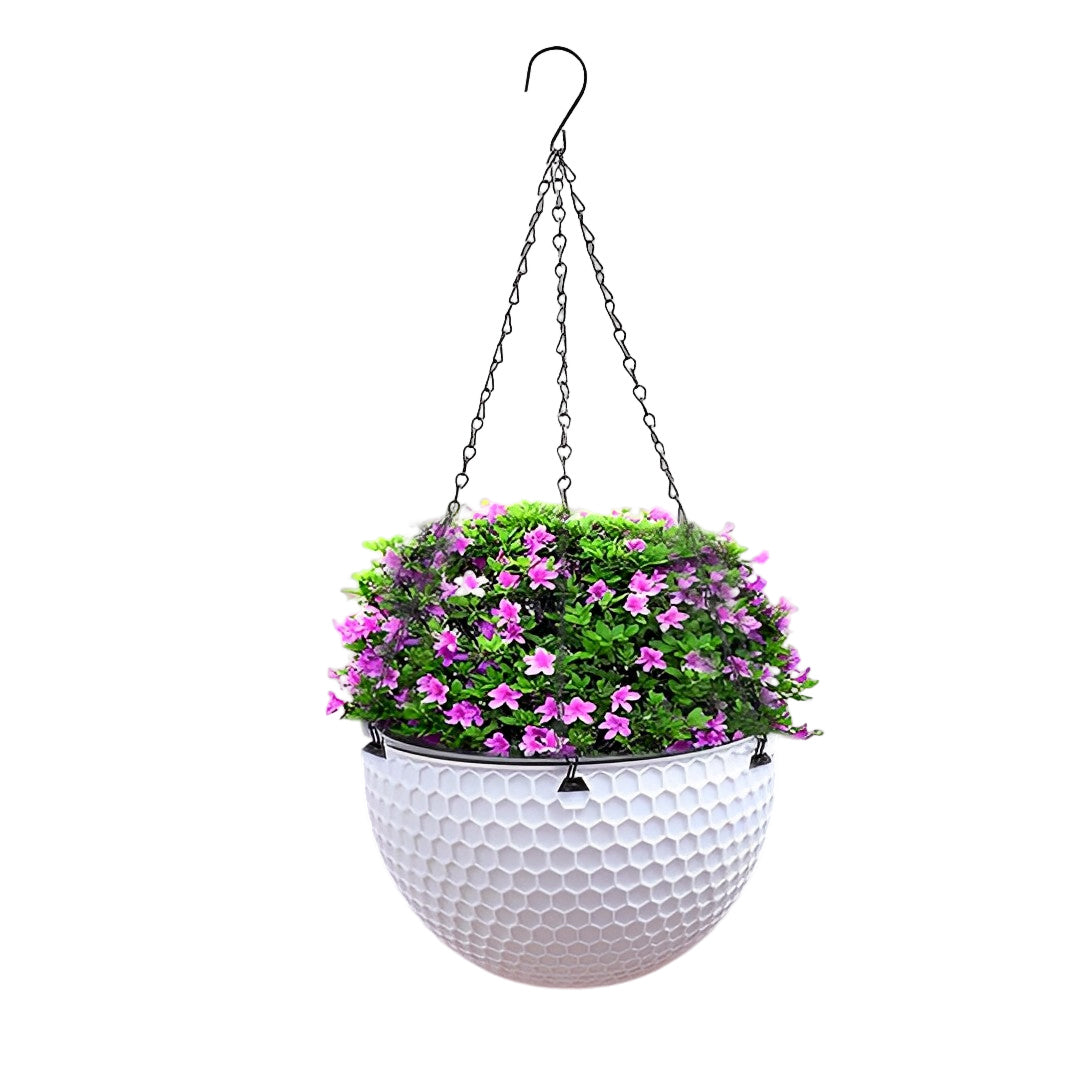 SOGA White Medium Hanging Resin Flower Pot Self Watering Basket Planter Outdoor Garden Decor