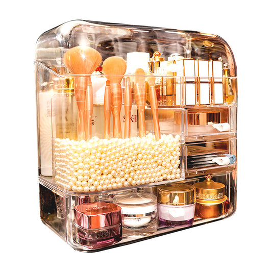 SOGA Transparent Cosmetic Storage Box Clear Makeup Skincare Holder with Lid Drawers Waterproof  Dustproof Organiser with Pearls