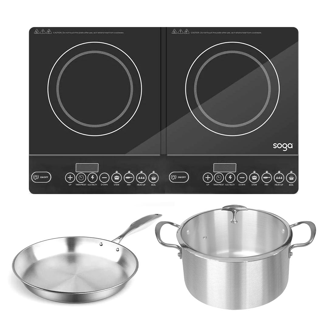 SOGA Dual Burners Cooktop Stove 30cm Stainless Steel Induction Casserole and 30cm Fry Pan