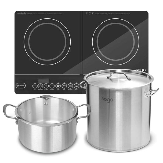 SOGA Dual Burners Cooktop Stove 17L Stainless Steel Stockpot 28cm and 28cm Induction Casserole