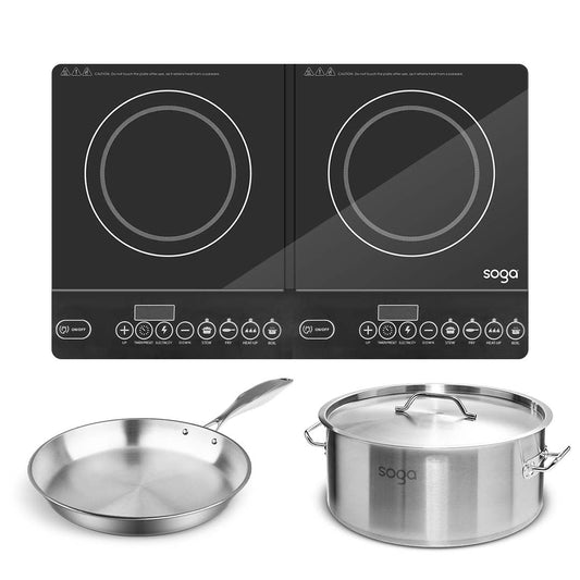 SOGA Dual Burners Cooktop Stove 14L Stainless Steel Stockpot and 28cm Induction Fry Pan