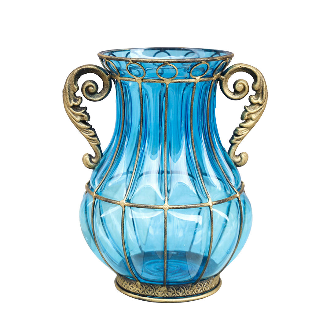 SOGA Blue Colored European Glass Home Decor Flower Vase with Two Metal Handle