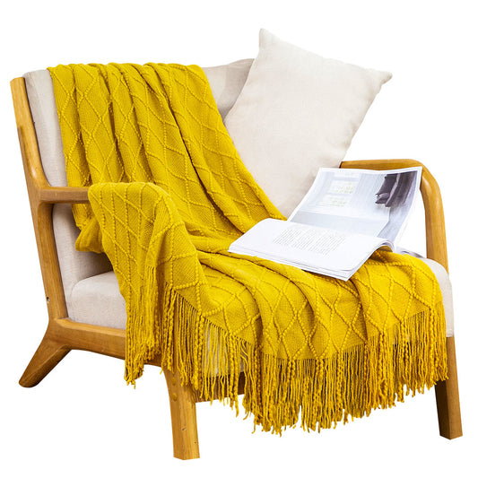 SOGA Yellow Diamond Pattern Knitted Throw Blanket Warm Cozy Woven Cover Couch Bed Sofa Home Decor with Tassels