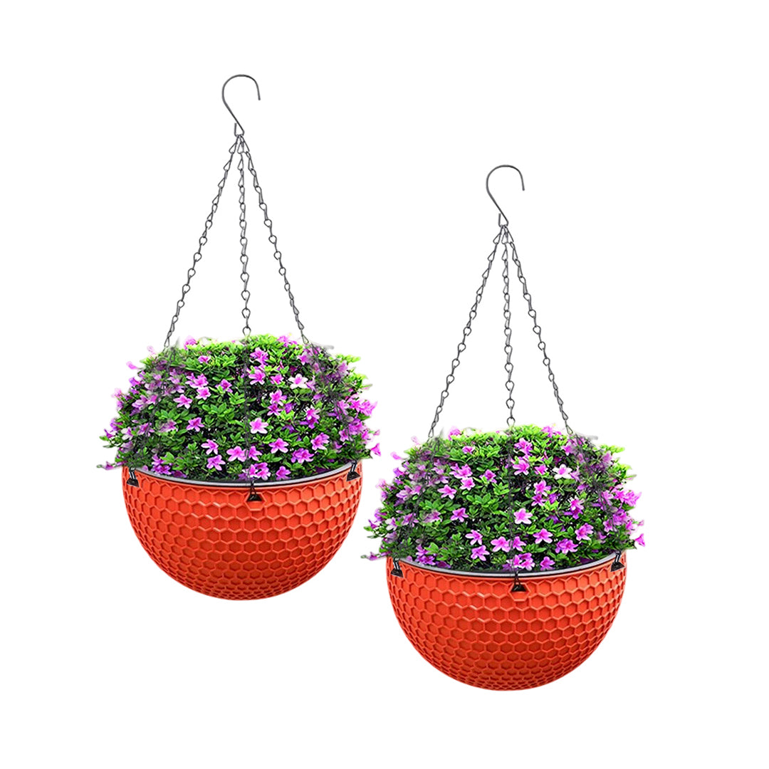 SOGA 2X Red Small Hanging Resin Flower Pot Self Watering Basket Planter Outdoor Garden Decor