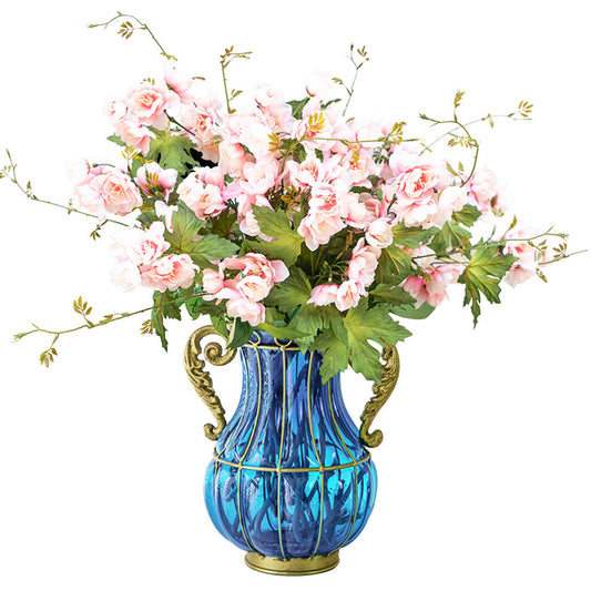 SOGA Blue Colored Glass Flower Vase with 8 Bunch 3 Heads Artificial Fake Silk Hibiscus Home Decor Set