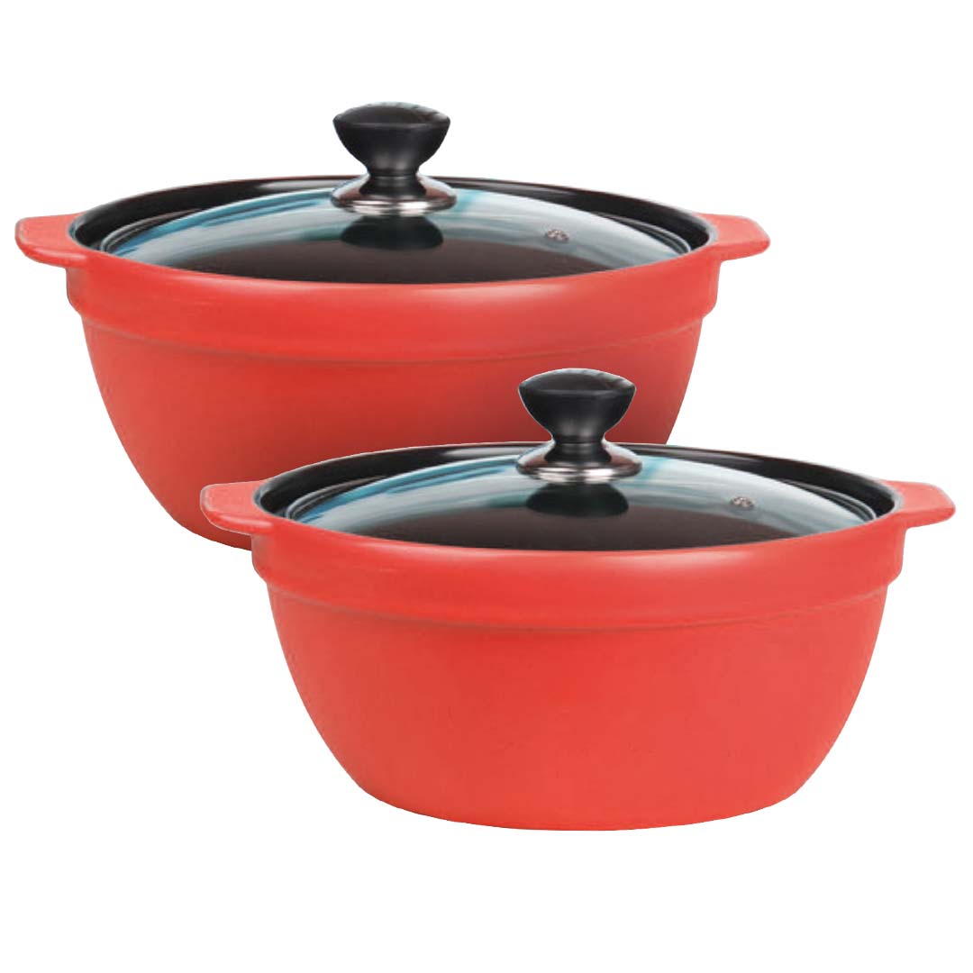 2X 3.5L Ceramic Casserole Stew Cooking Pot with Glass Lid Red