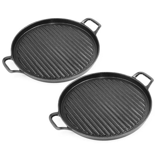 SOGA 2X 28cm Ribbed Cast Iron Frying Pan Skillet Coating Steak Sizzle Platter