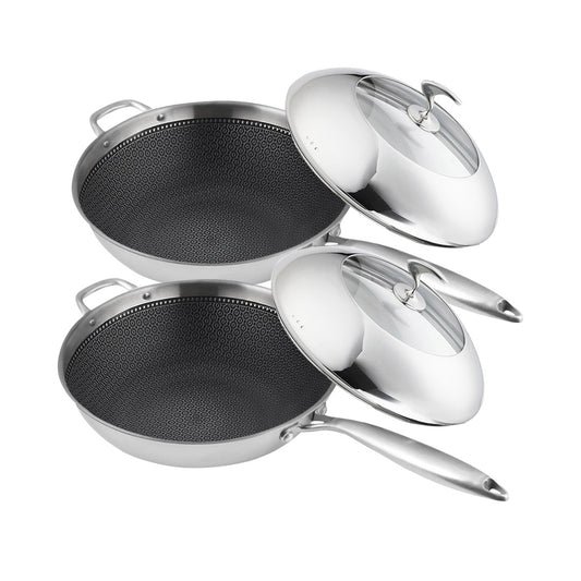 SOGA 2X 18/10 Stainless Steel Fry Pan 32cm Frying Pan Top Grade Non Stick Interior Skillet with Helper Handle and Lid