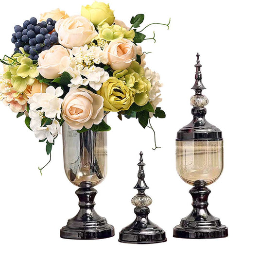 SOGA 2X Clear Glass Flower Vase with Lid and White Flower Filler Vase Black Set