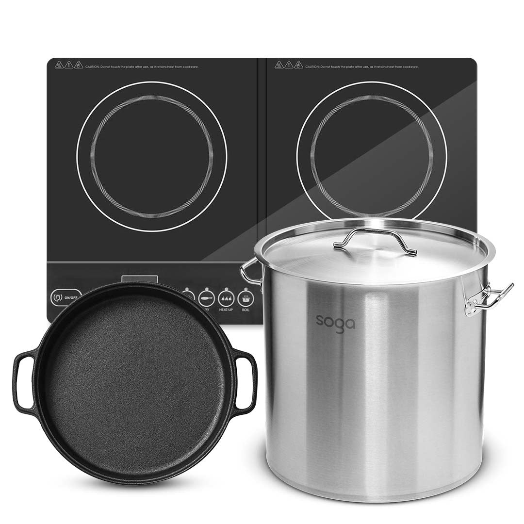 SOGA Dual Burners Cooktop Stove 30cm Cast Iron Skillet and 17L Stainless Steel Stockpot 28cm