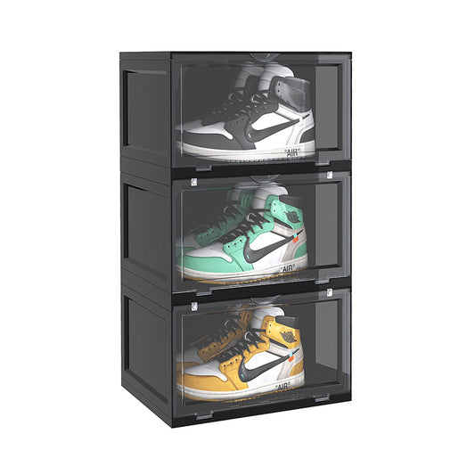 SOGA 3 Tier Black Portable Shoe Organiser Sneaker Footwear Folding Plastic Bin Stackable Storage Box with Magnet Doors