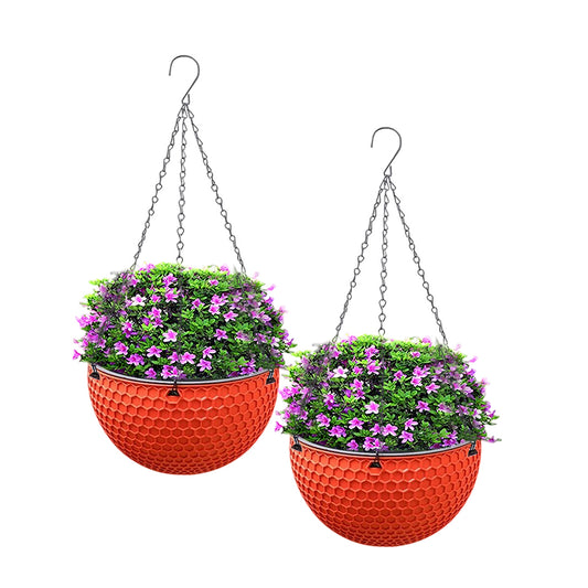 SOGA 2X Red Medium Hanging Resin Flower Pot Self Watering Basket Planter Outdoor Garden Decor