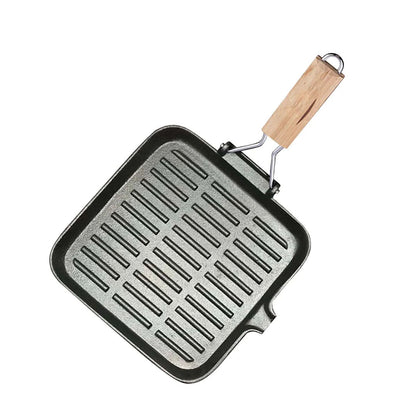 SOGA 24cm Ribbed Cast Iron Square Steak Frying Grill Skillet Pan with Folding Wooden Handle