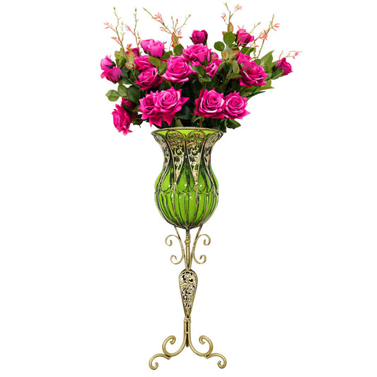 SOGA 85cm Green Glass Tall Floor Vase and 12pcs Dark Pink Artificial Fake Flower Set