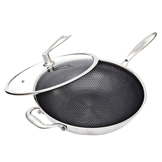 SOGA 34cm Stainless Steel Tri-Ply Frying Cooking Fry Pan Textured Non Stick Skillet with Glass Lid and Helper Handle