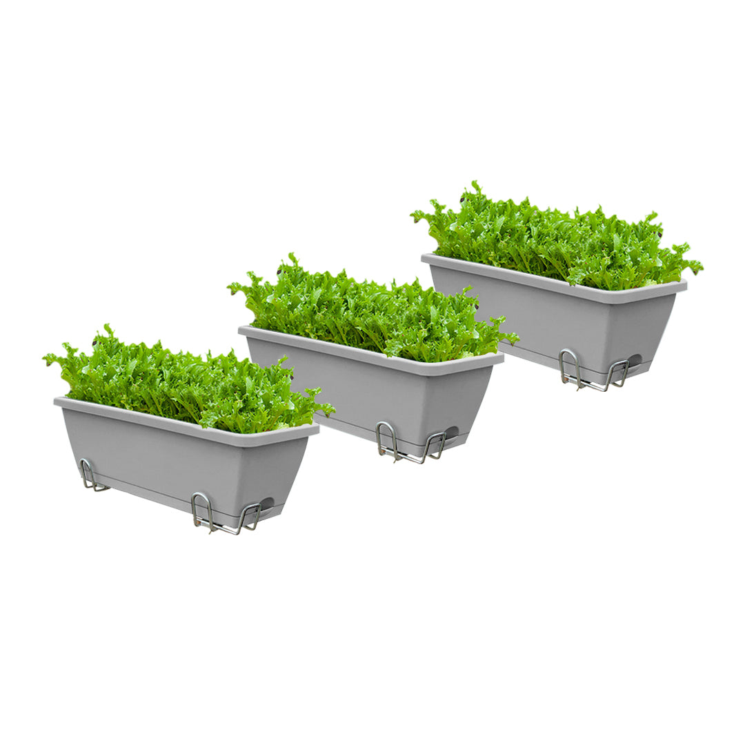 SOGA 49.5cm Gray Rectangular Planter Vegetable Herb Flower Outdoor Plastic Box with Holder Balcony Garden Decor Set of 3