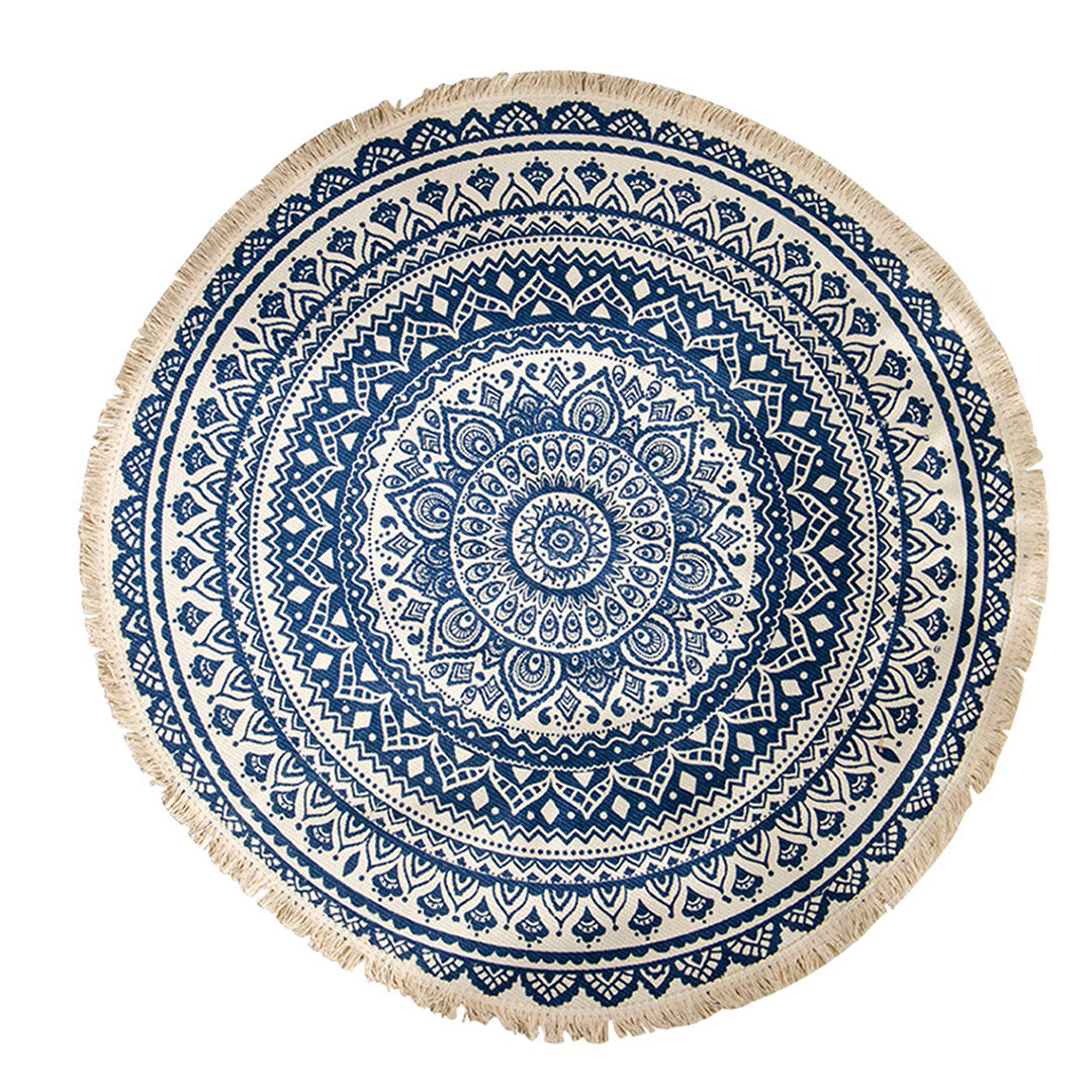 SOGA Dark Blue Carpet Soft Linen Bohemian Non-Slip Floor Retro Minimalist Round Rug Home Decor with Tassels