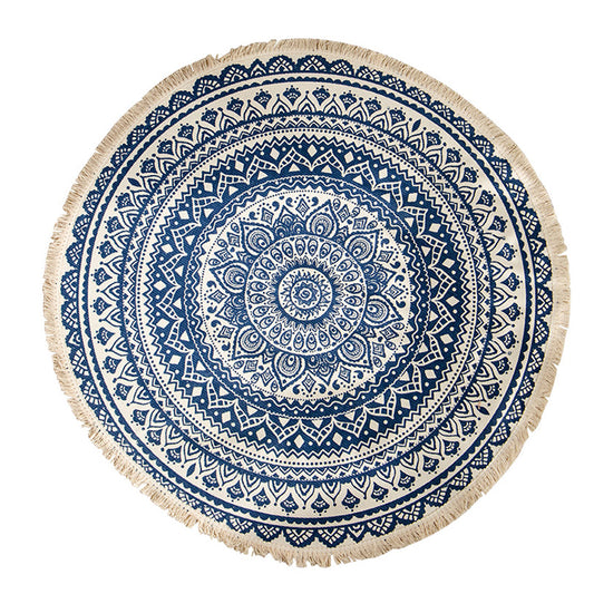 SOGA Dark Blue Carpet Soft Linen Bohemian Non-Slip Floor Retro Minimalist Round Rug Home Decor with Tassels