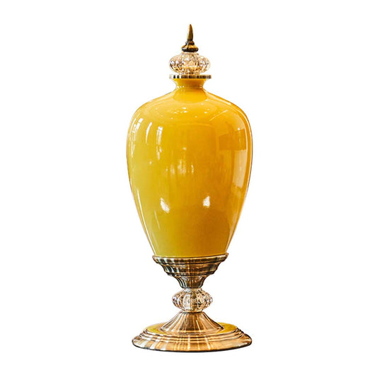 SOGA 42.50cm Ceramic Oval Flower Vase with Gold Metal Base Yellow