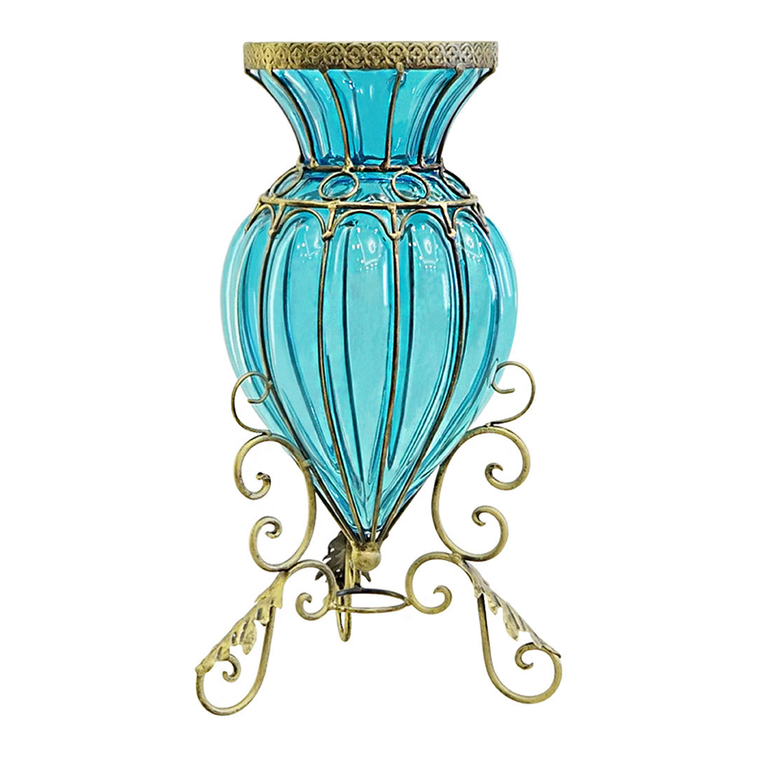 SOGA Blue Colored European Glass Floor Home Decor Flower Vase with Metal Stand