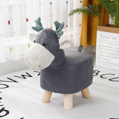 SOGA Grey Children Bench Deer Character Round Ottoman Stool Soft Small Comfy Seat Home Decor