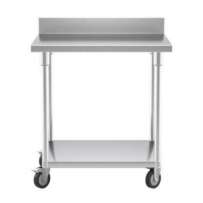 SOGA 80cm Commercial Catering Kitchen Stainless Steel Prep Work Bench Table with Backsplash and Caster Wheels