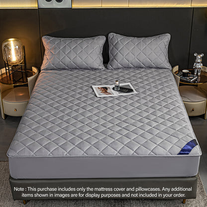 SOGA Grey 183cm Wide Cross-Hatch Mattress Cover Thick Quilted Stretchable Bed Spread Sheet Protector with Pillow Covers