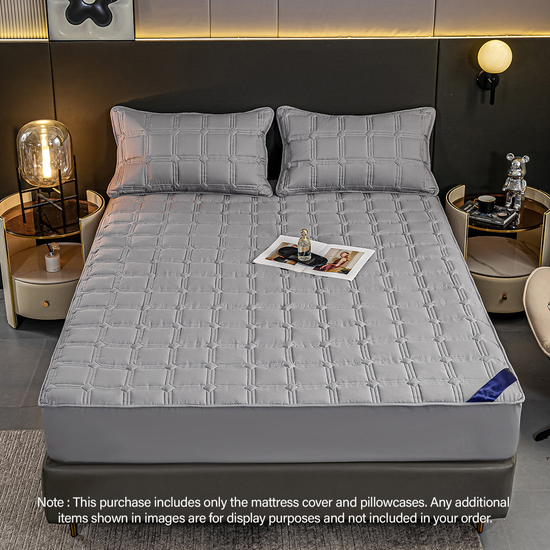 SOGA Grey 183cm Wide Mattress Cover Thick Quilted Stretchable Bed Spread Sheet Protector with Pillow Covers