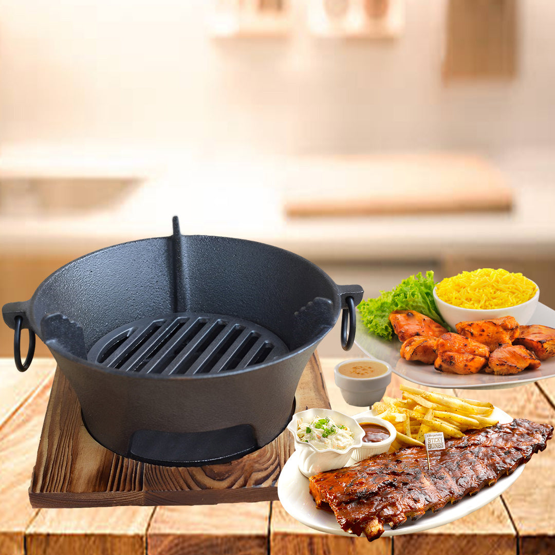 SOGA Cast Iron Round Stove Charcoal Table Net Grill Japanese Style BBQ Picnic Camping with Wooden Board