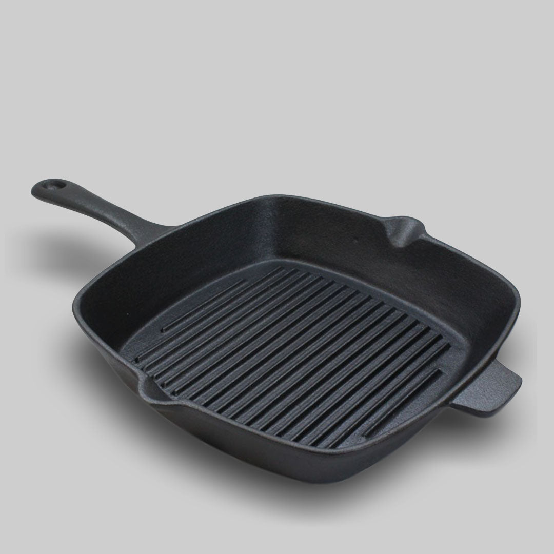 SOGA 26cm Square Ribbed Cast Iron Frying Pan Skillet Steak Sizzle Platter with Handle