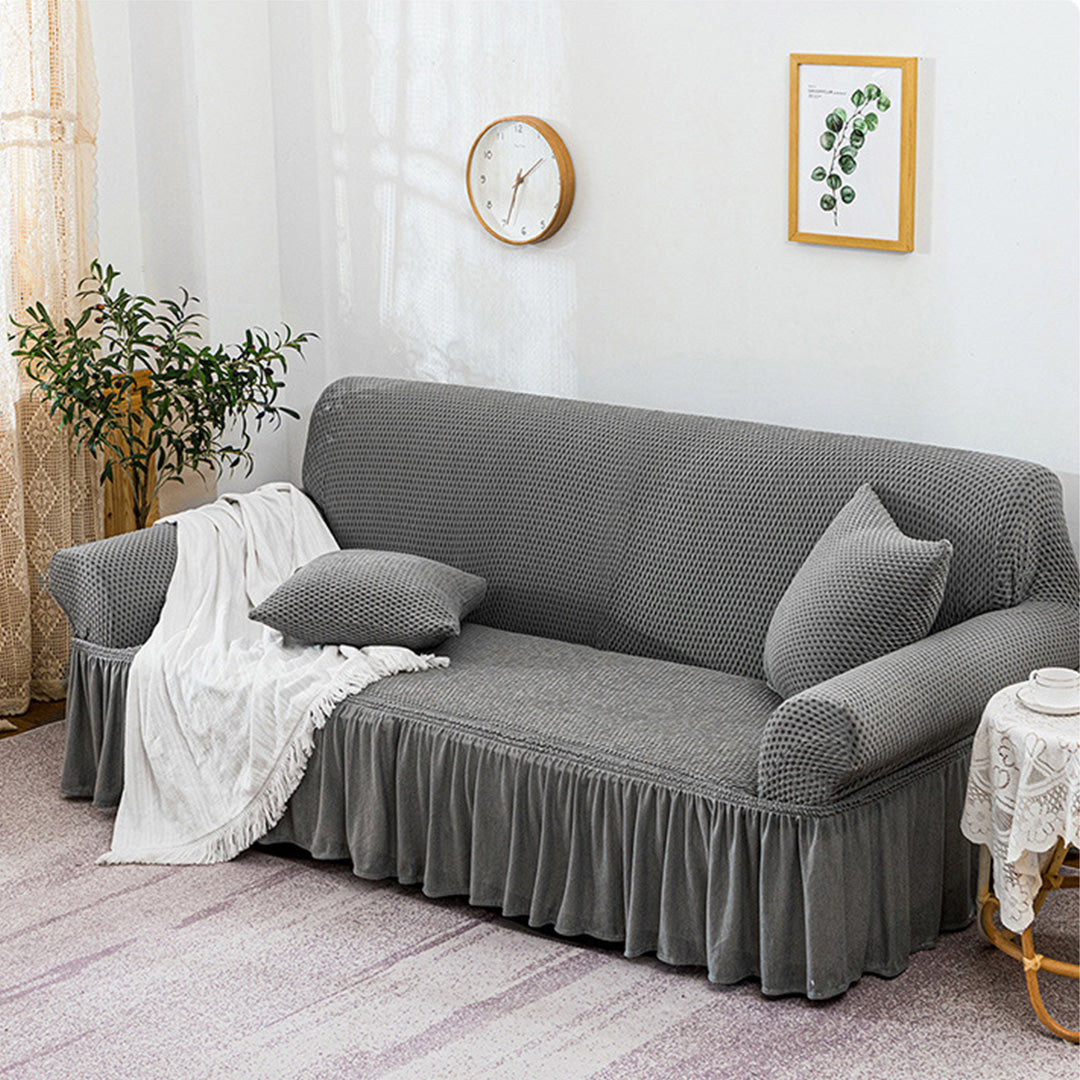 SOGA 4-Seater Grey Sofa Cover with Ruffled Skirt Couch Protector High Stretch Lounge Slipcover Home Decor