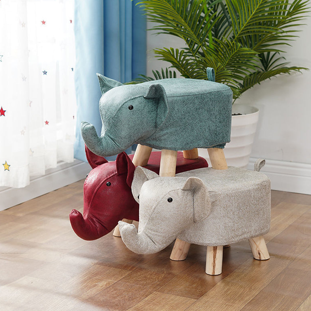 SOGA 2X Red Children Bench Elephant Character Round Ottoman Stool Soft Small Comfy Seat Home Decor