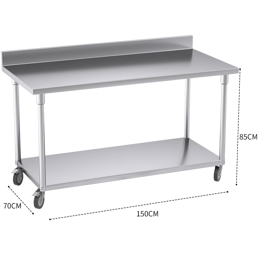 SOGA 150cm Commercial Catering Kitchen Stainless Steel Prep Work Bench Table with Backsplash and Caster Wheels