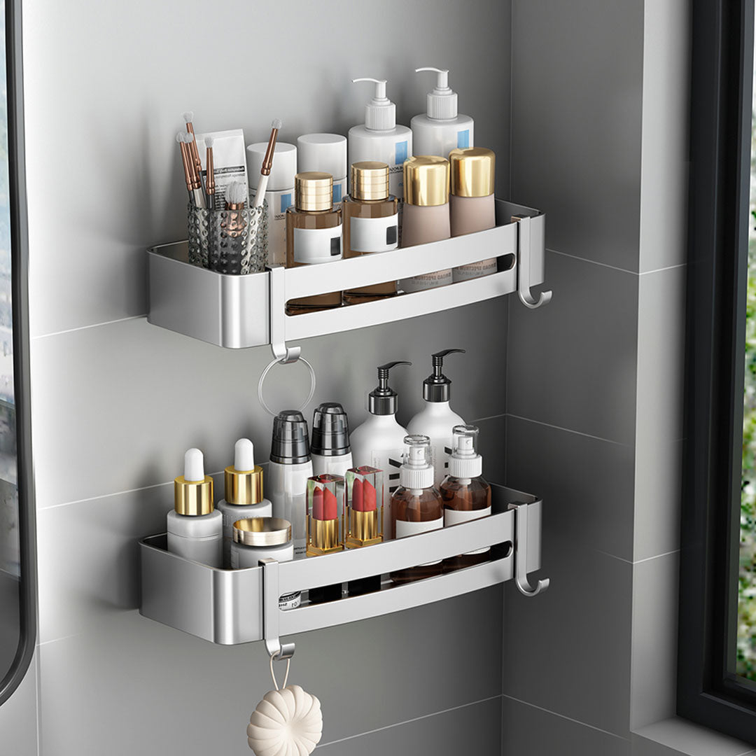 SOGA Silver Wall-Mounted Rectangular Bathroom Storage Organiser Space Saving Adhesive Shelf Rack with Hooks