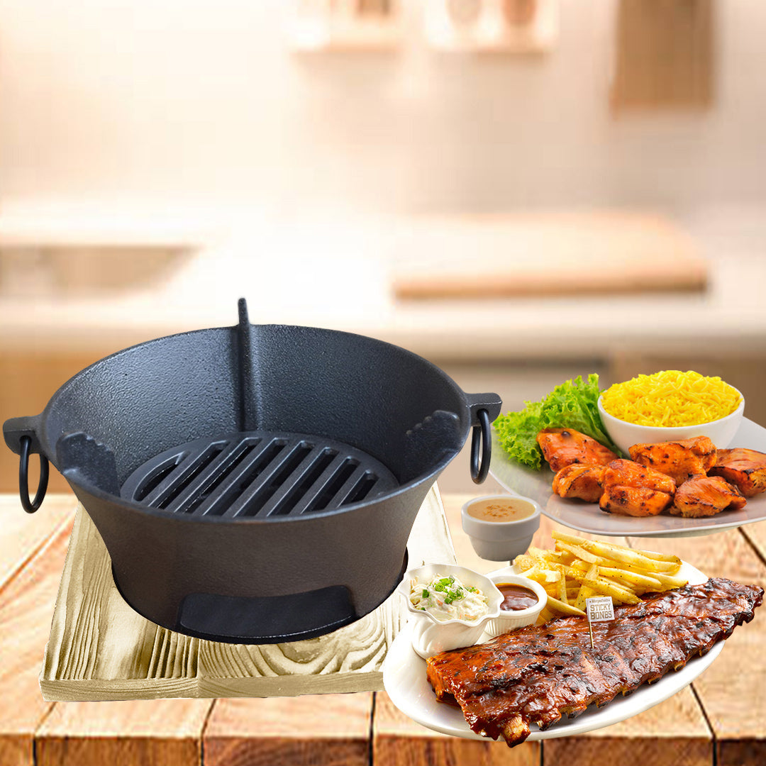 SOGA Large Cast Iron Round Stove Charcoal Table Net Grill Japanese Style BBQ Picnic Camping with Wooden Board