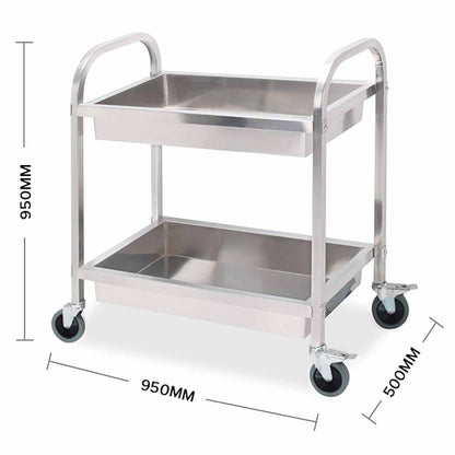 SOGA 2 Tier 95x50x95cm Stainless Steel Kitchen Trolley Bowl Collect Service FoodCart Large