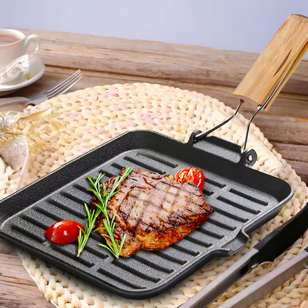 SOGA 2X 24cm Ribbed Cast Iron Square Steak Frying Grill Skillet Pan with Folding Wooden Handle