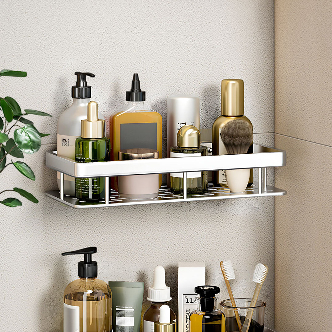 SOGA Silver Wall-Mounted Rectangular Bathroom Storage Organiser Space Saving Adhesive Shelf Rack