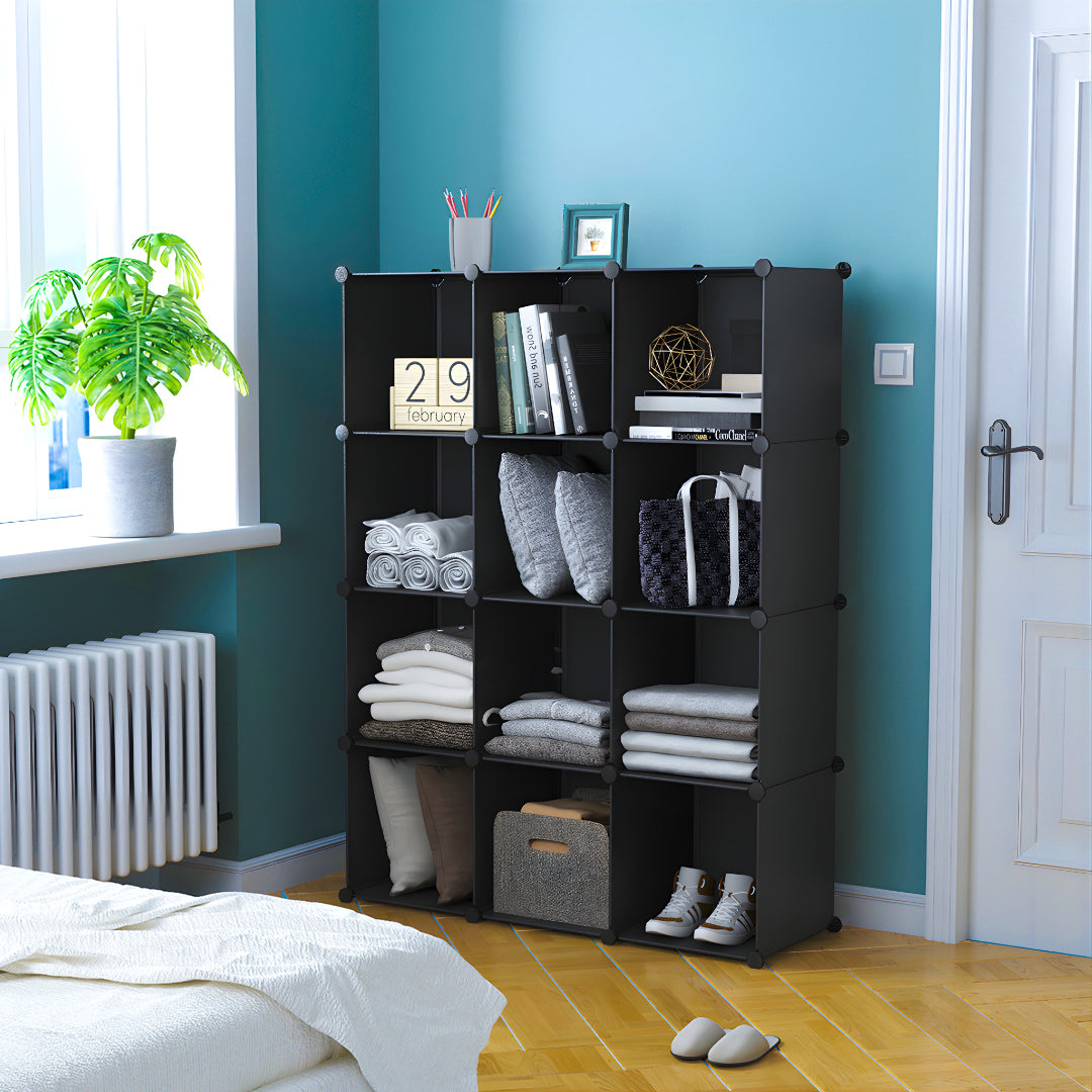 SOGA 4 Tier 12-Cube Black Portable Wardrobe Divide-Grid Modular Storage Organiser Foldable Closet