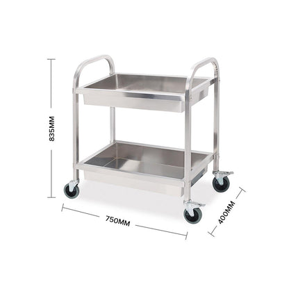 SOGA 2X 2 Tier 75x40x83cm Stainless Steel Kitchen Trolley Bowl Collect Service Food Cart Small